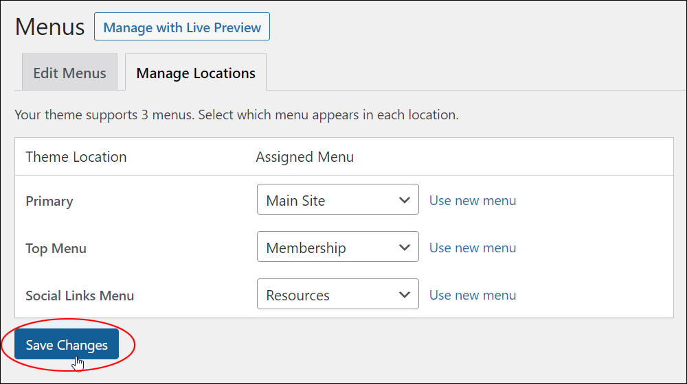 WordPress Menus screen - Manage Locations tab - Save Changes button.