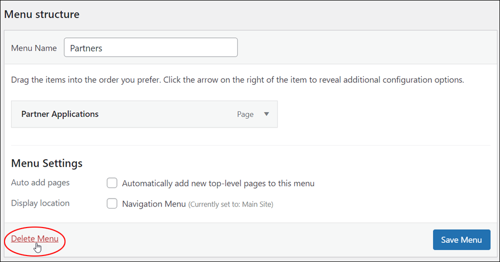 WordPress Menus screen - Delete Menu link.