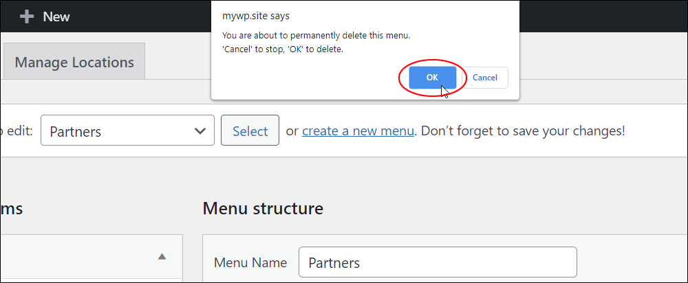 WordPress notification - You are about to permanently delete this menu.