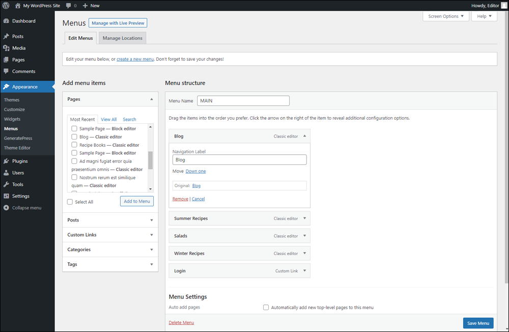 WordPress Menus screen.