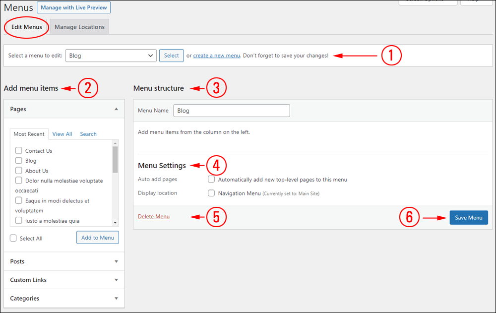 WordPress Menus screen - Edit Menus tab.