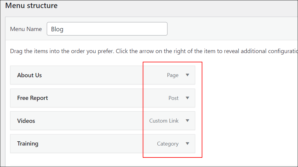 WordPress Menus screen: Adding different link types to the Menu structure section.