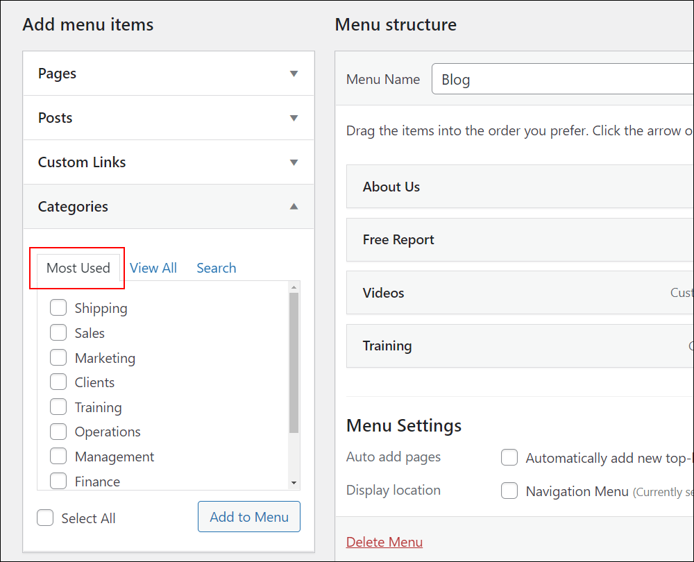 WordPress Menus screen: Add menu items - Categories panel.