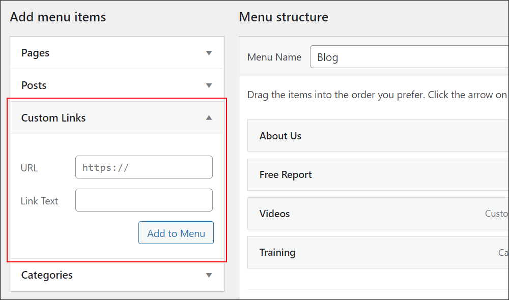 WordPress Menus screen: Add menu items - Custom links.