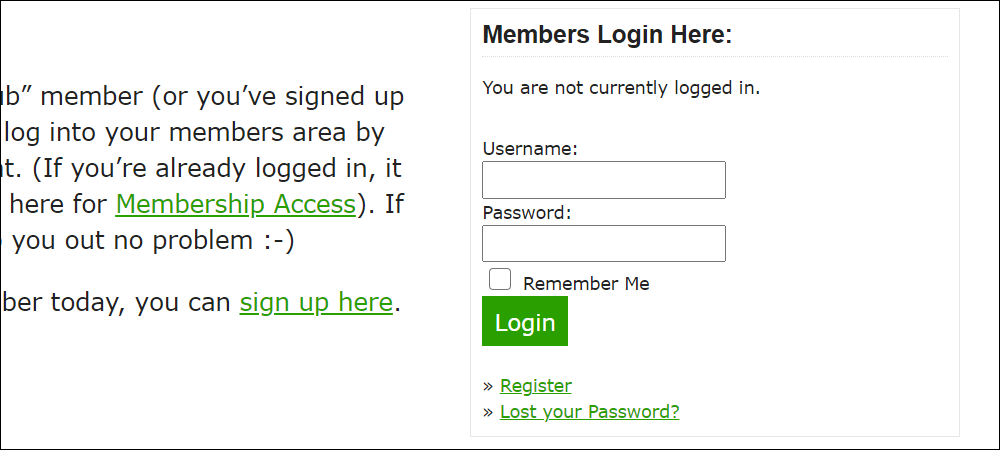 Membership plugin log-in area.