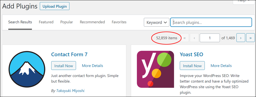 WordPress Add Plugins screen -over 52,000 plugins.