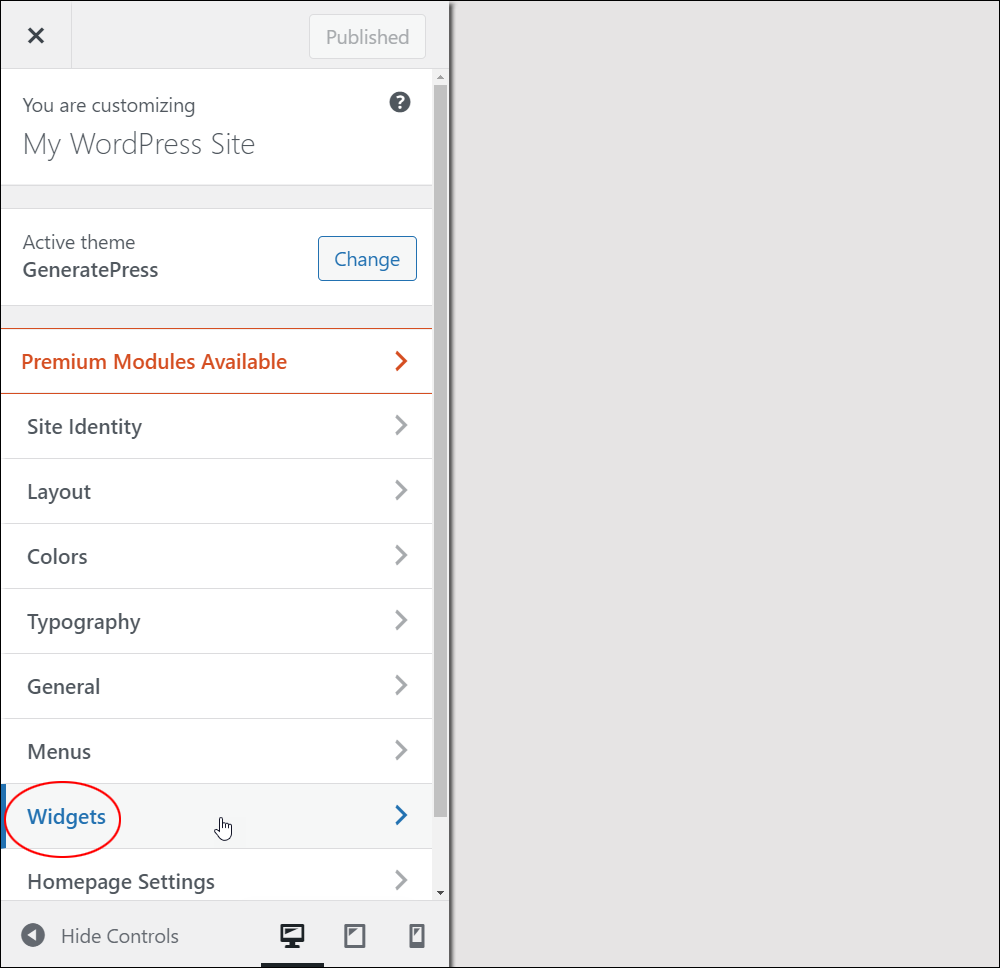 WordPress Theme Customizer - Widgets menu.