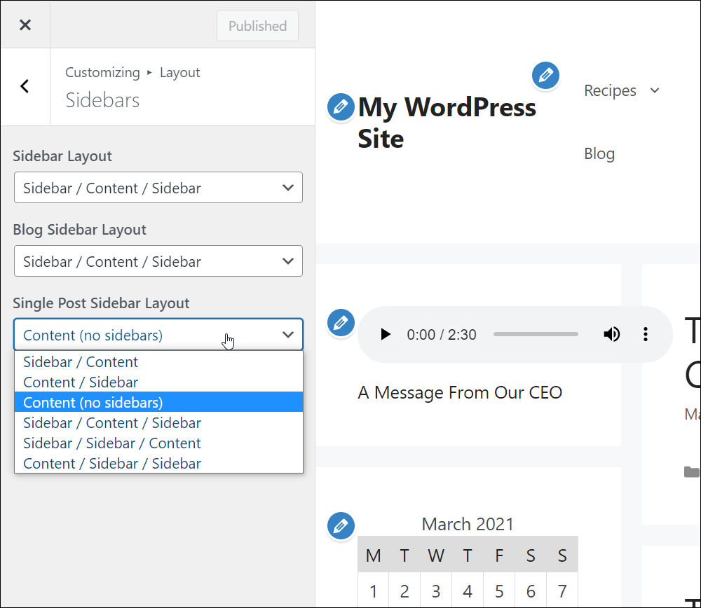 WordPress Theme Customizer - Customizing layout - Sidebars screen.