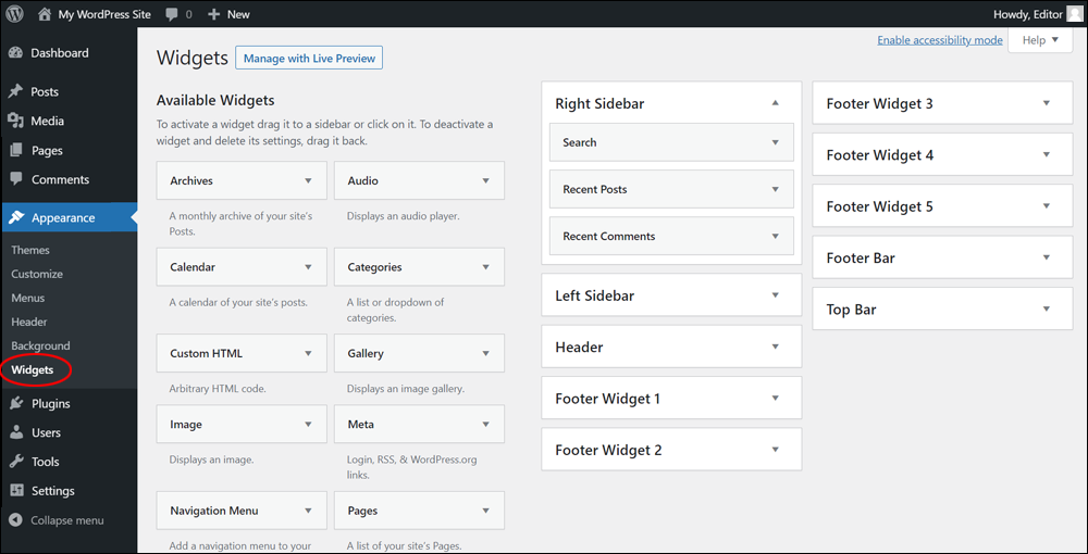 WordPress Classic Widgets screen.