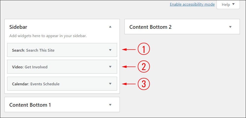 WordPRess Widgets screen - Sidebar widget configuration.