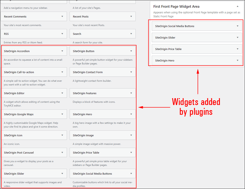 WordPress Widgets screen - new widgets added by plugins.