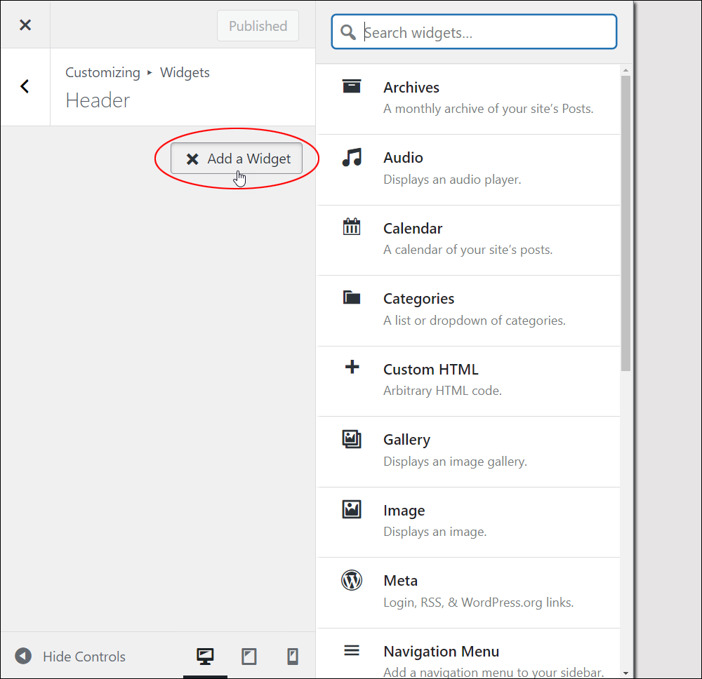 WordPress Theme Customizer: Widgets - Add a Widget button.
