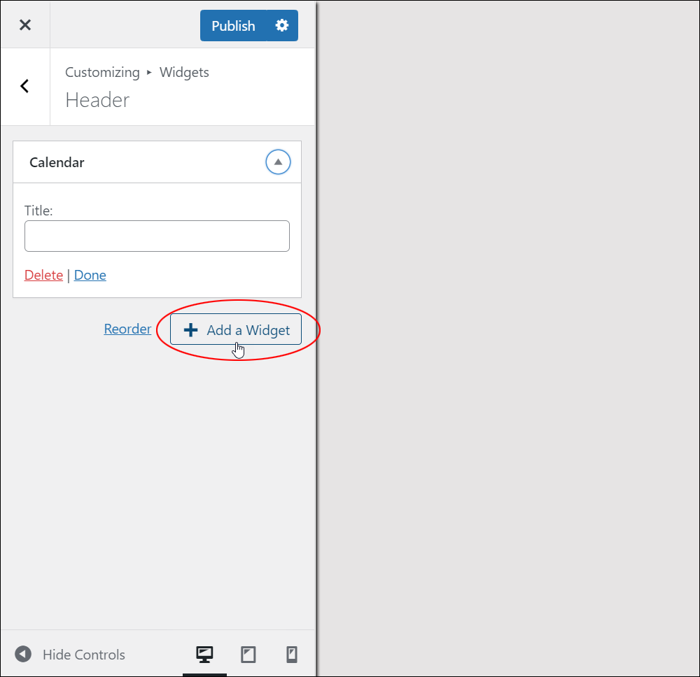 WordPress Theme Customizer: Widgets - Add a Widget button.
