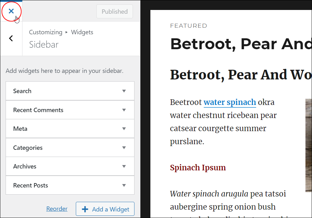 WordPress Theme Customizer: Widgets - Exit Customizer.