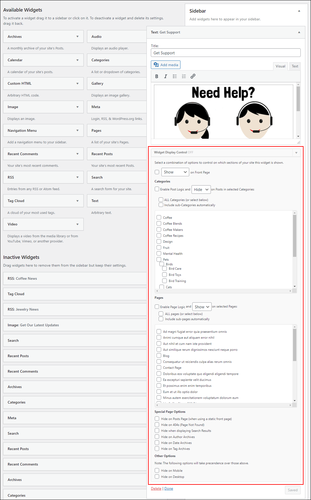 Conditional Widgets - Widget Display Control section.