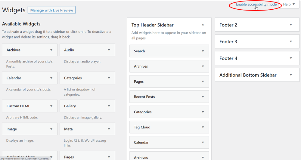 WordPress Widgets screen - Enable accessibility mode.