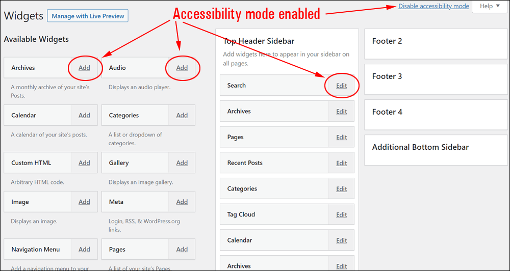 WordPress Widgets screen - Accessibility mode enabled.