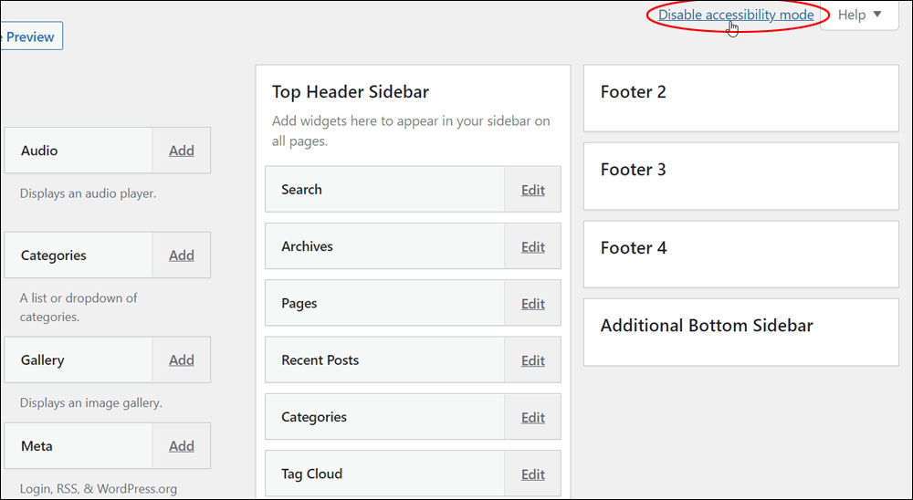 WordPress Widgets screen - Disable accessibility mode.