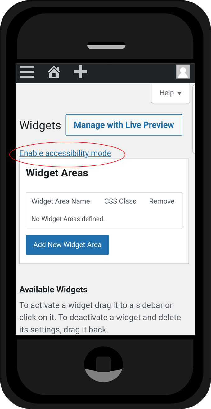 Mobile device with Widgets screen - Enable accessibility mode.