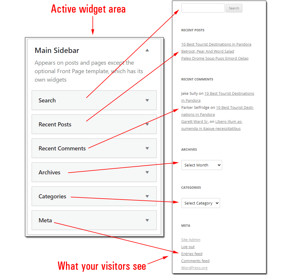 Composite image of widgets configured in an active widget area and what site visitors see.