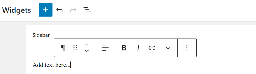 Block Widgets screen - Paragraph block added to Sidebar widget area.