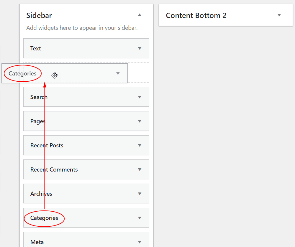 Sidebar widgets area - reposition the Categories widgets.