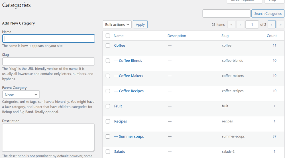 WordPress Post Categories screen.