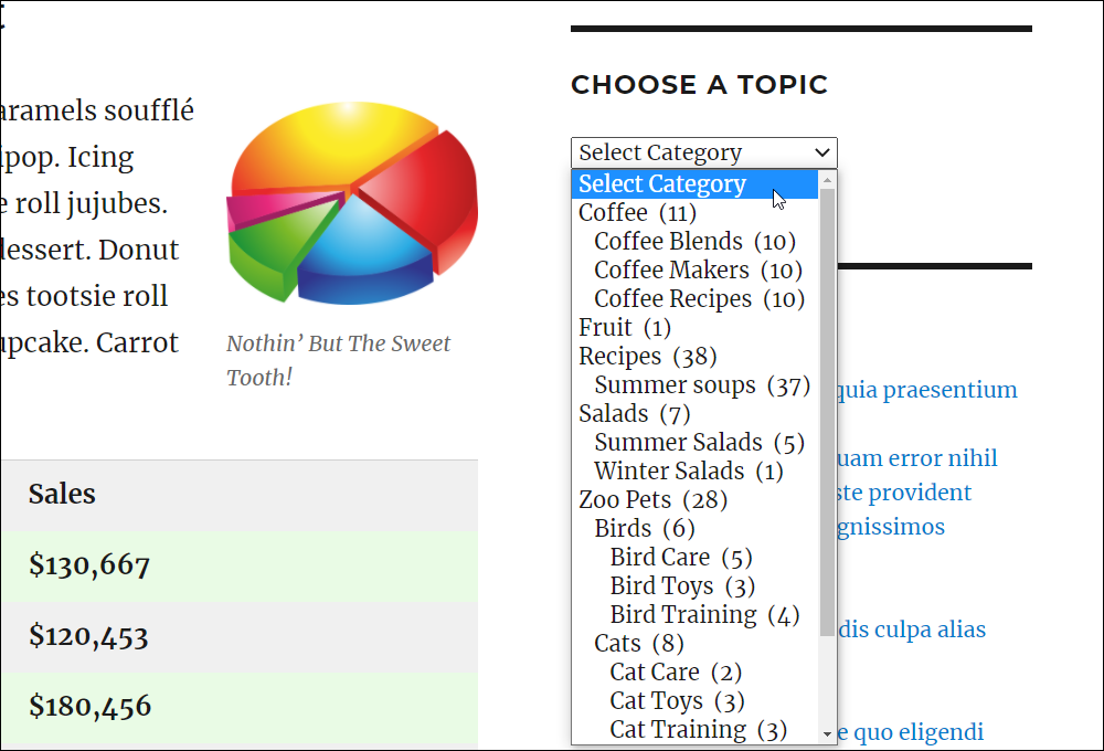 Post categories widget - post counts and hierarchy options enabled.