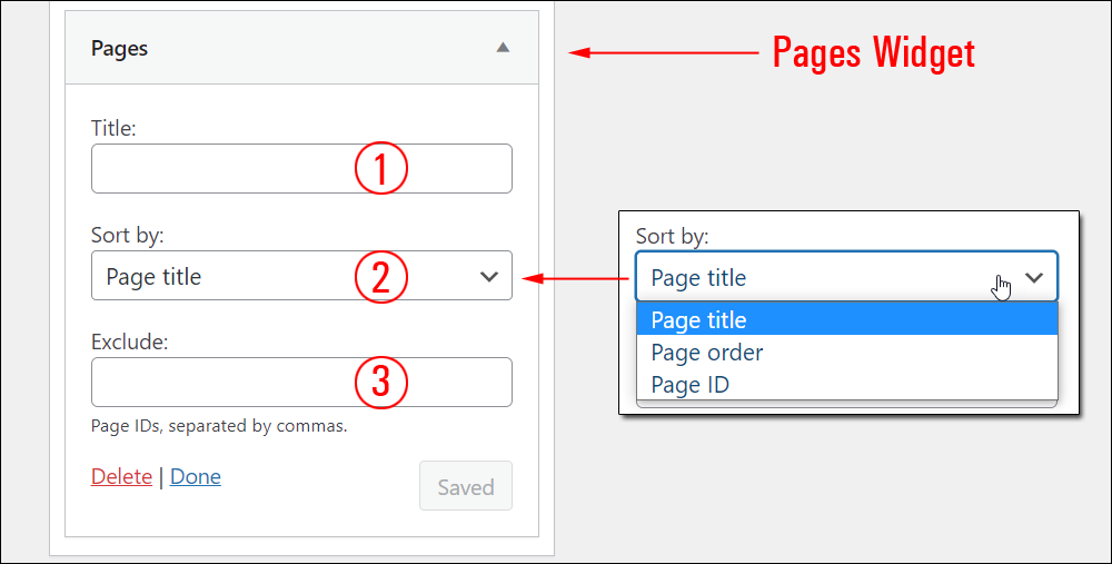 Pages widget settings.