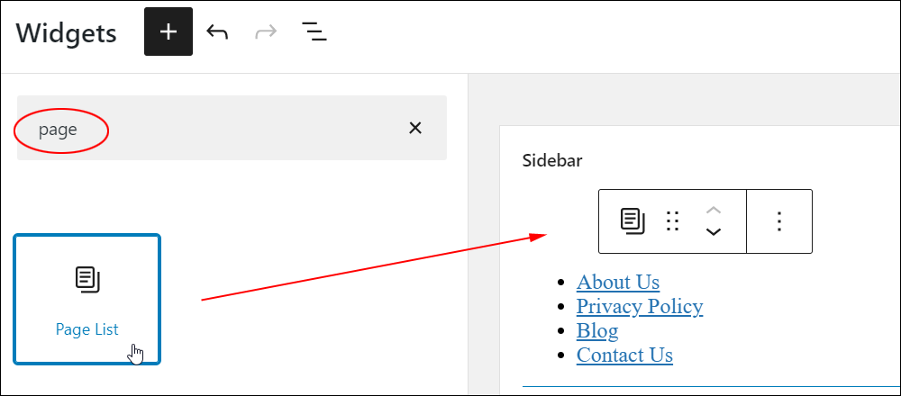 Block-based Widgets screen - Page List block.