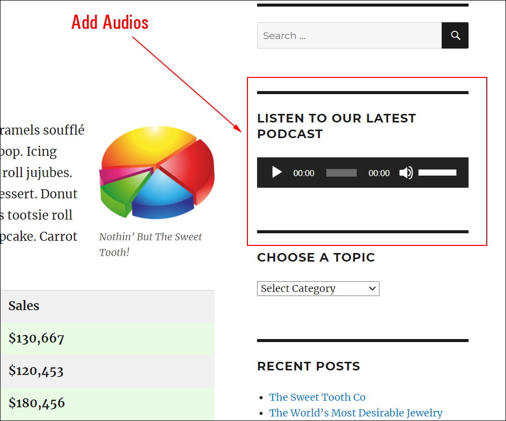 Audio files added to WordPress site using the Audio widget.