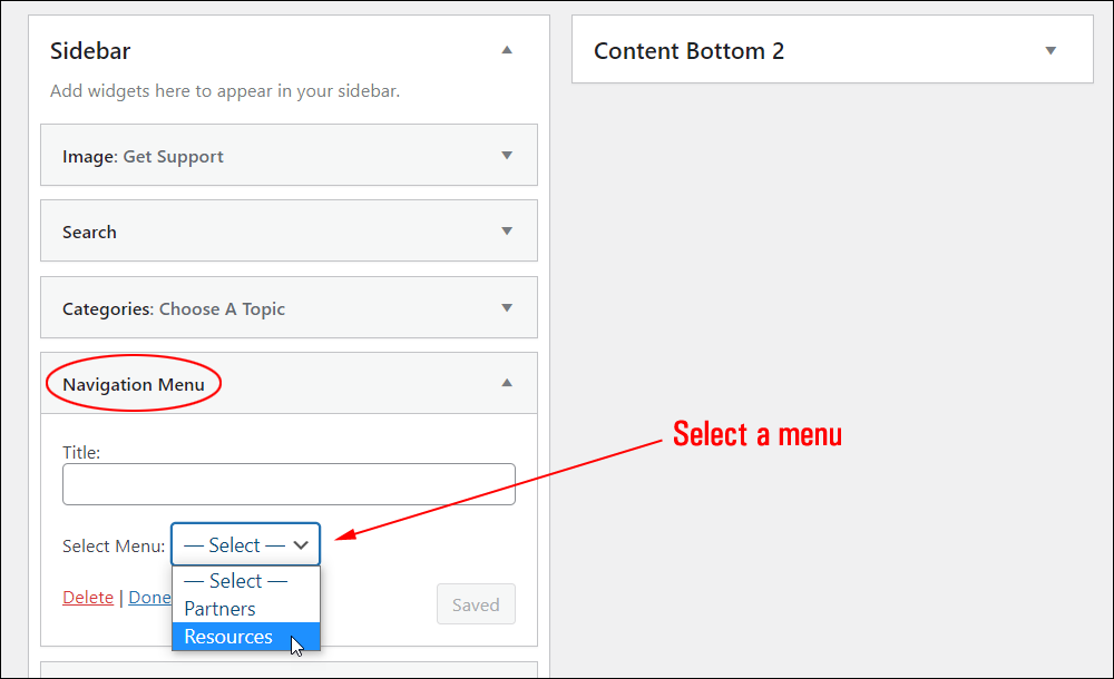 Navigation Menu widget - Select a menu.