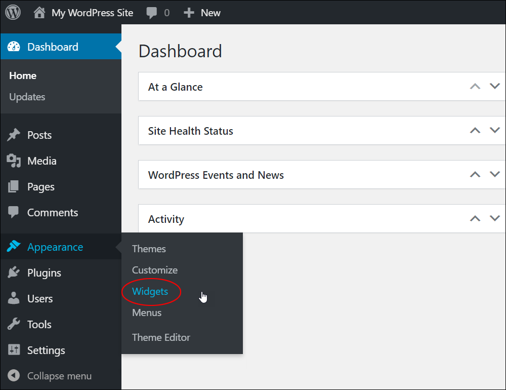 Dashboard menu: Appearance - Widgets.