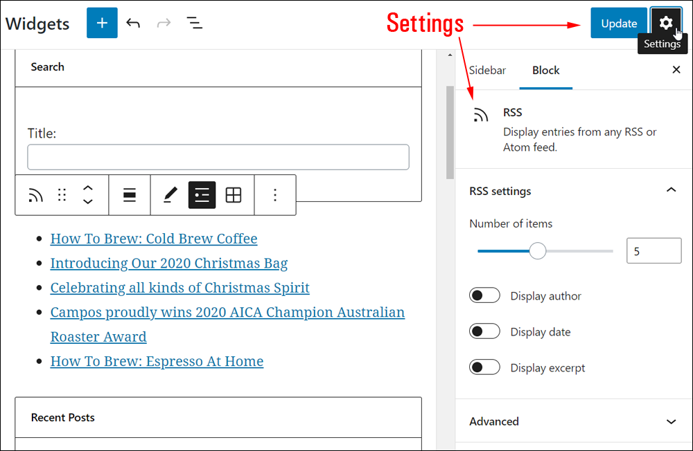 Widgets screen: RSS block settings.