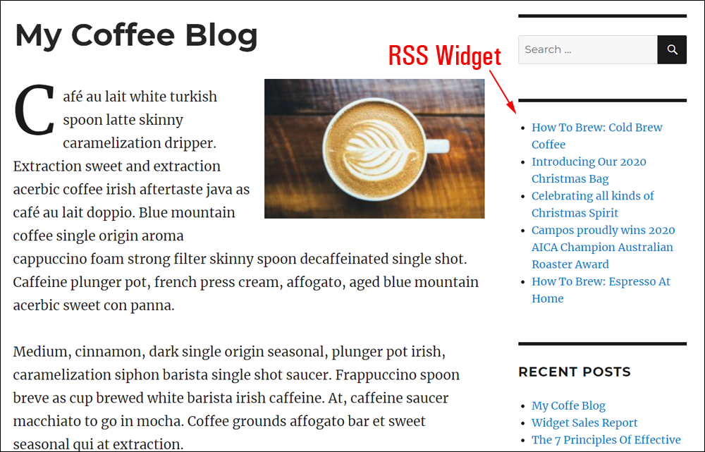 WordPress site with RSS Widget displayed.