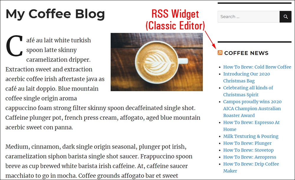 RSS feed added to the sidebar using the Classic editor.