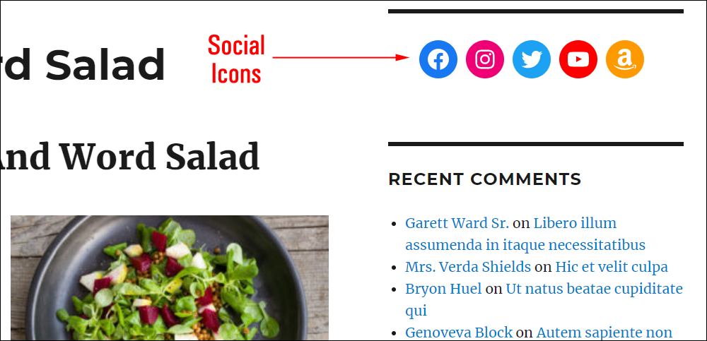 WordPress site with Social Icons block added.