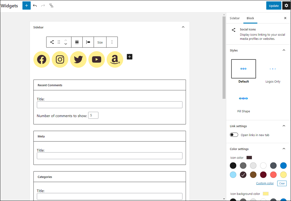 Social Icons block - Block Settings section.