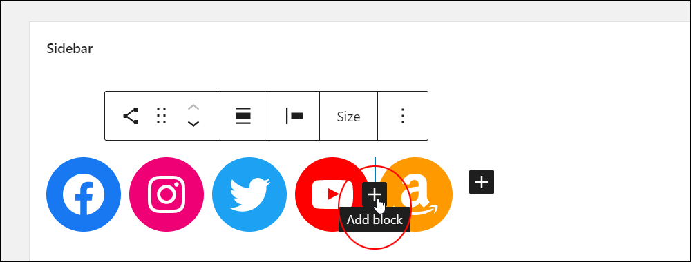 Social Icons block - Add block tool.