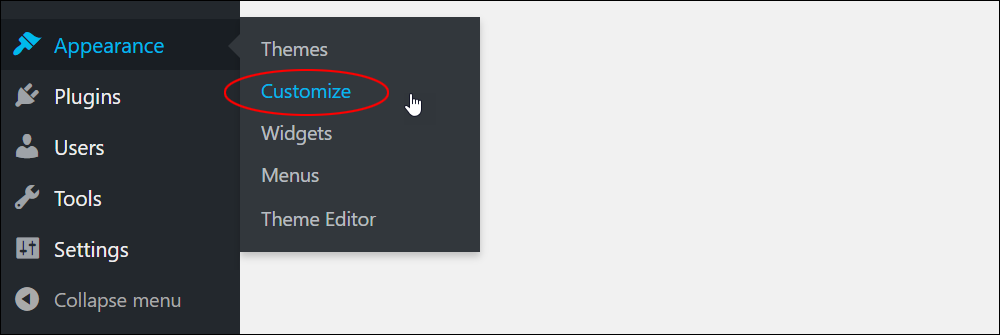 WordPress menu: Appearance - Customize