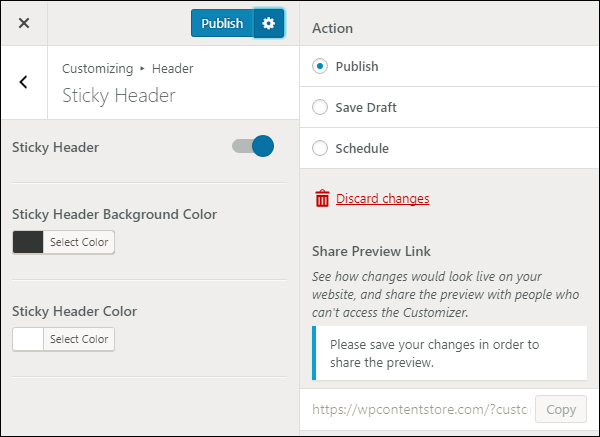 Publish your theme changes live, as a draft, or schedule for later.