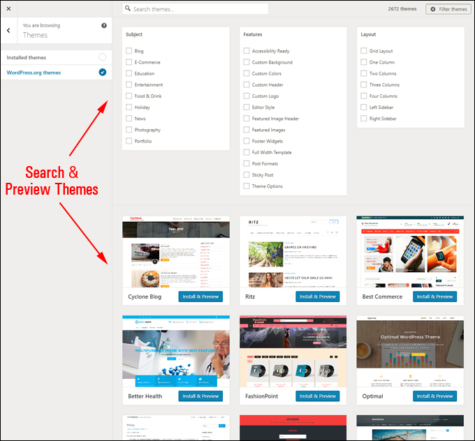 WordPress Theme Customizer - Search & preview themes feature.