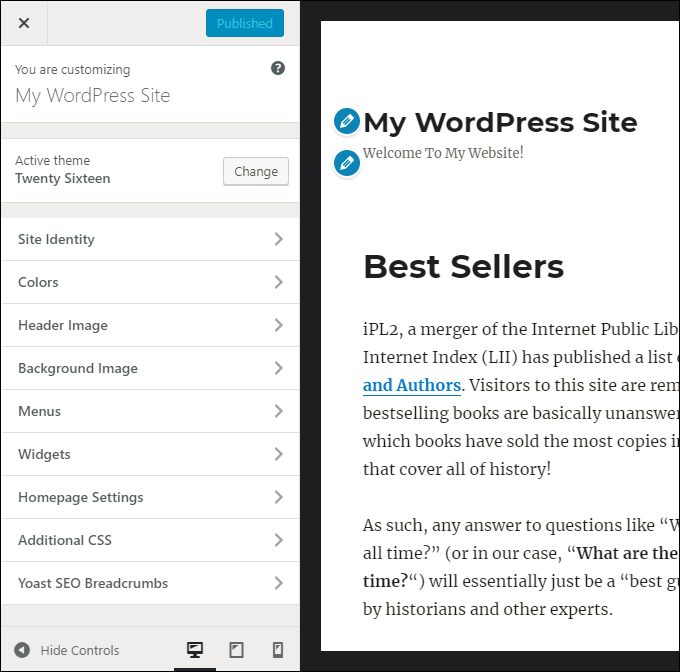 WordPress Theme Customizer: Theme options menu and live preview screen.