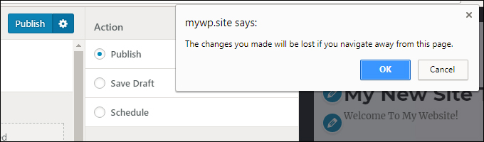 WordPress Theme Customizer 'exit without saving' prompt.