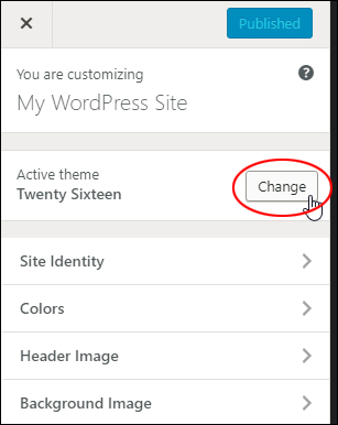 WordPress Theme Customizer menu - Active theme section.