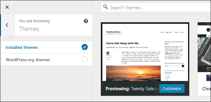 WordPress Theme Customizer - Active Themes tab.