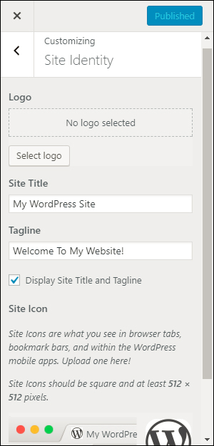 WordPress Theme Customizer - Site identity options.