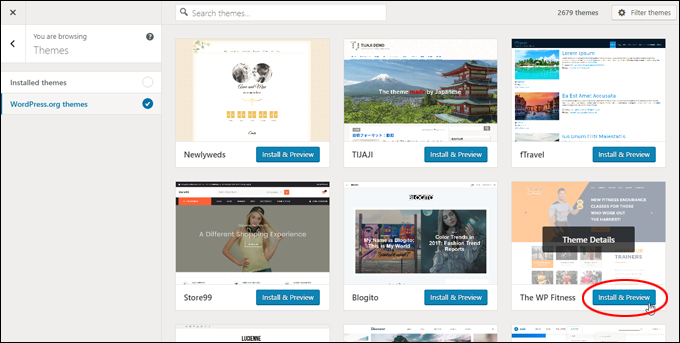 Install & Preview new WordPress themes.