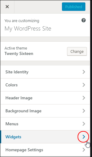 WordPress Theme Customizer - Widgets menu.