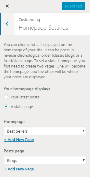 WordPress Theme Customizer - Homepage Settings menu